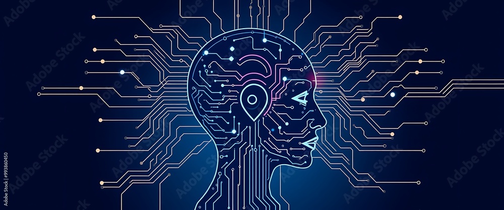 Poster artificial intelligence and digital shaman, vector illustration of an ai head profile with circuitry