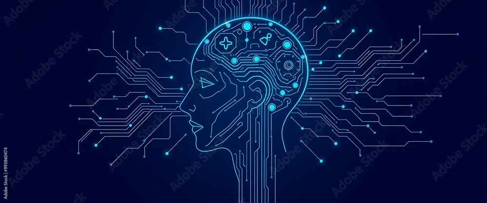 Poster artificial intelligence and digital shaman, vector illustration of an ai head profile with circuitry