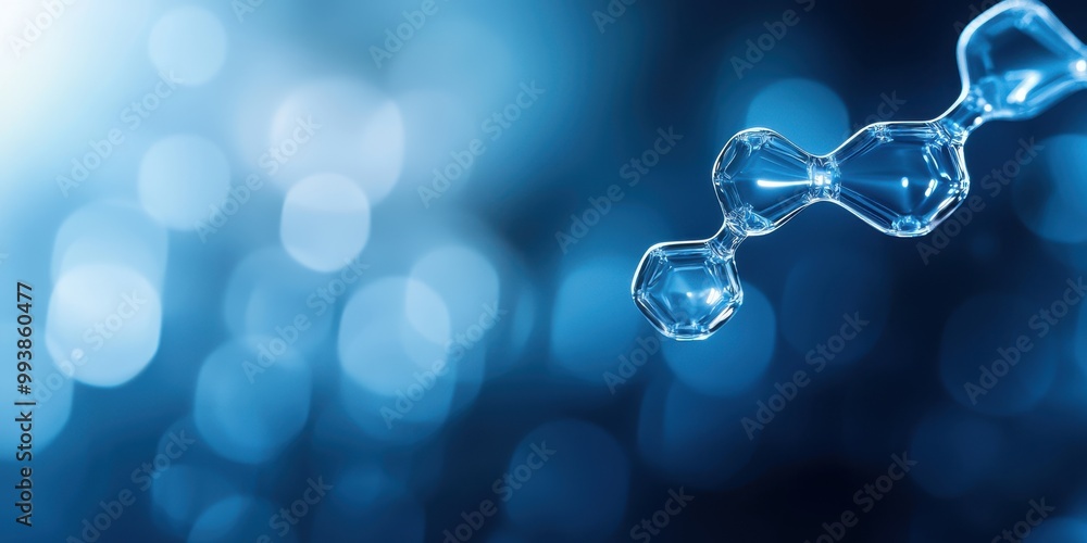 Poster an abstract representation of molecular structures with a blue bokeh background, ideal for science a
