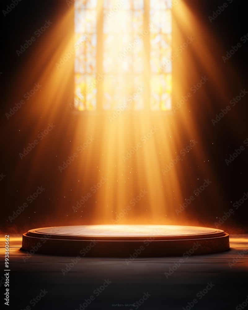 Poster a 3d enchanting scene of radiant light streaming through a window, illuminating a stage with an ethe