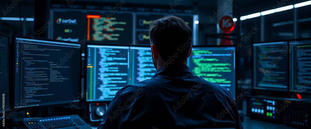 Aufkleber cinematic shot of an it worker in a dark blue shirt sitting at a desk with multiple monitors display