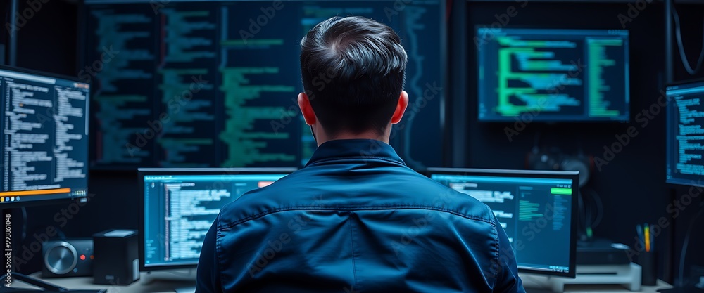 Poster cinematic shot of an it worker in a dark blue shirt sitting at a desk with multiple monitors display