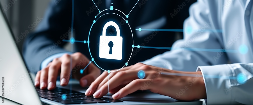 Poster digital icon of computer security with lock symbol and businessman hands typing on laptop, closeup v