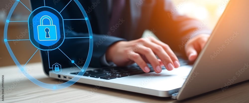 Poster digital icon of computer security with lock symbol and businessman hands typing on laptop, closeup v