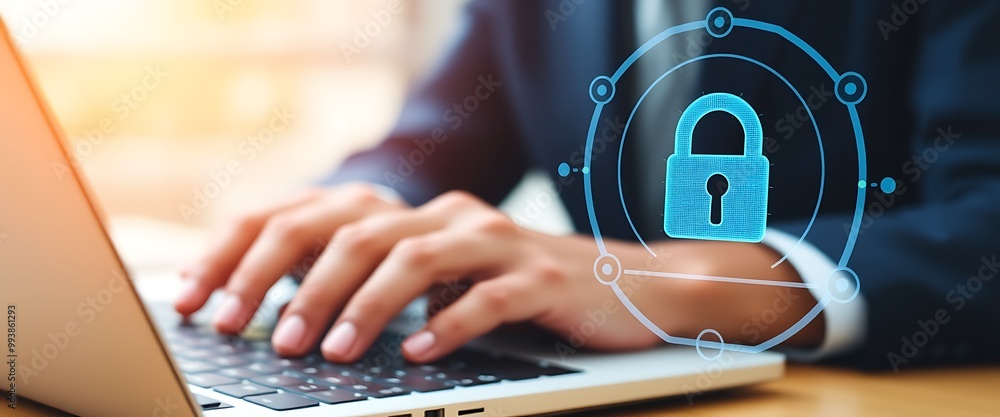 Poster digital icon of computer security with lock symbol and businessman hands typing on laptop, closeup v