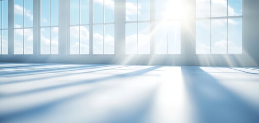 3D Bright sunlight streams through large windows, illuminating a spacious room with a serene atmosphere and soft shadows.