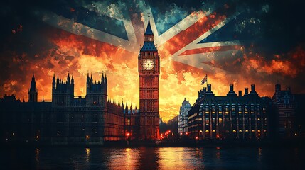 Fototapeta premium The silhouette of Big Ben at dusk, with the Union Jack’s bold colors painted into the watercolor sky. The warm hues of the flag blend with the darkening sky,