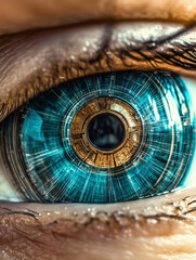 Blue human eye with embedded cybernetic digital elements symbolizing the fusion of machine and human interface.