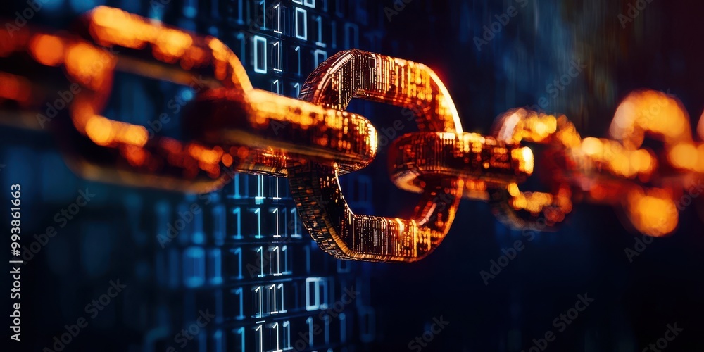 Poster close-up of a glowing chain link against a digital background, representing security and connectivit