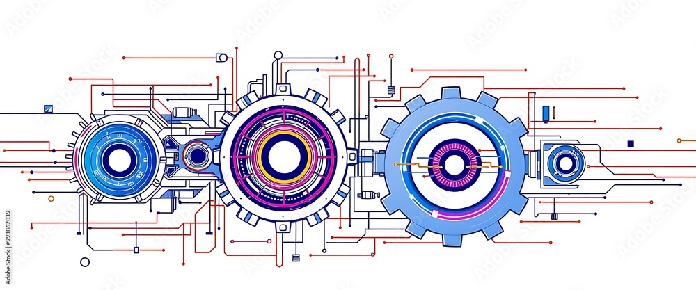 Poster abstract futuristic technical drawing with gears and colorful line vector illustration on a white ba