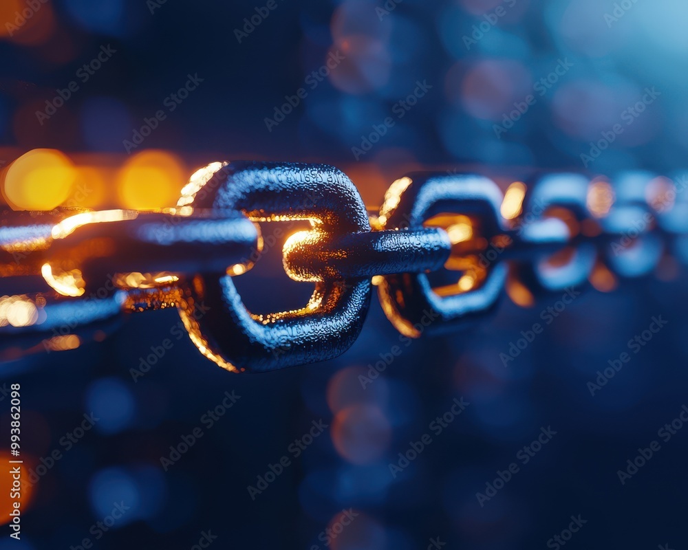 Aufkleber close-up of a metallic chain link glowing in soft light, representing strength and connection in a d