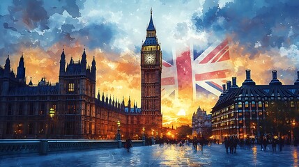 Naklejka premium The silhouette of Big Ben at sunset, with the Union Jack gently diffused into the watercolor sky behind. The tower is illuminated by the warm evening light,