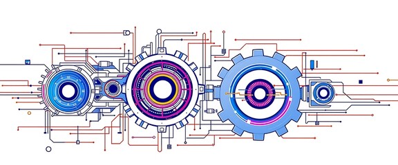 Abstract futuristic technical drawing with gears and colorful line vector illustration on a white background.	
