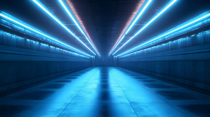 Fototapeta premium 3D Neon Blue Light Corridor Illustration