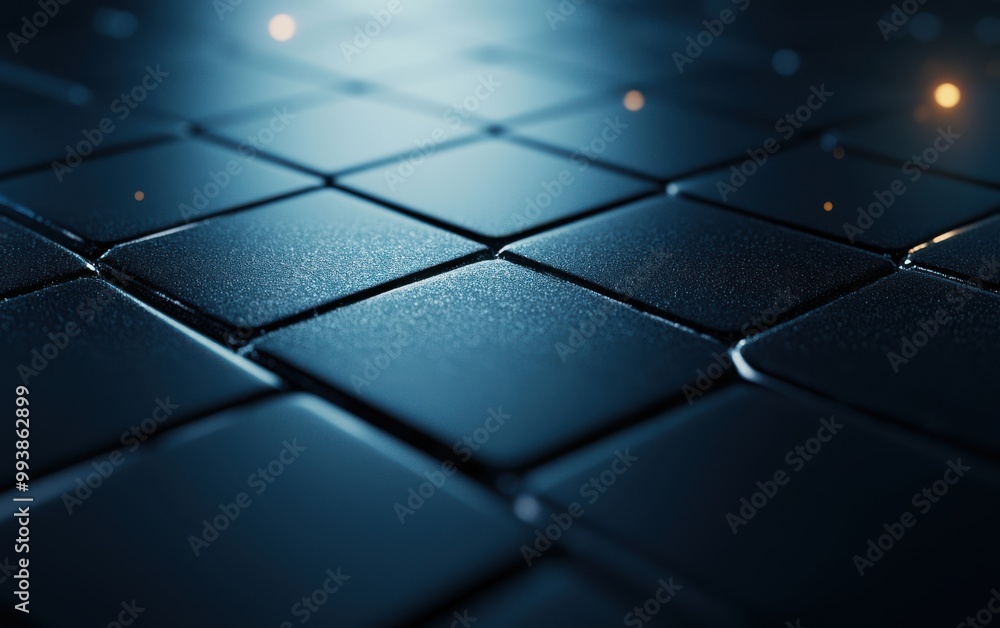 Poster close-up of glossy black tiles reflecting light in a modern geometric pattern for architectural and 