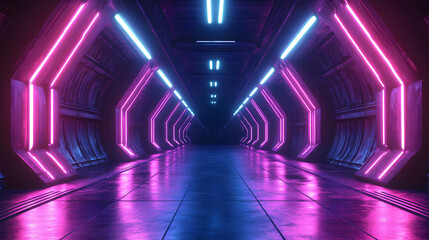 Futuristic Corridor with Neon Lights 3D Illustration