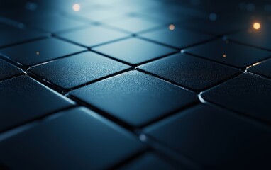 Close-up of glossy black tiles reflecting light in a modern geometric pattern for architectural and design concepts.