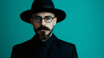 Portrait of bearded handsome gentleman with confident serious look, Caucasian man with in elegant black coat and hat with glasses and mustaches posing in studio background, male vintage fashion style