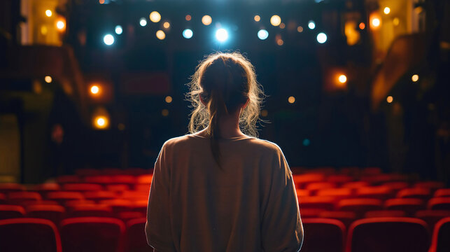 Rearview of a woman standing on an empty theater stage under a spotlight, preparing for a dramatic performance, passion and art talent as she rehearses for a classical theatrical spectacle or audition