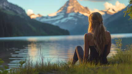 Fototapeta premium Young woman sitting by a tranquil lake surrounded by mountains and lush green nature, watching the peaceful outdoor landscape, enjoying on a relaxing vacation, reflecting calm sunlight, travel