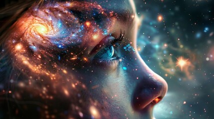 Astonishing portrait of individual gazing at the cosmos with a galaxy reflected in their eyes