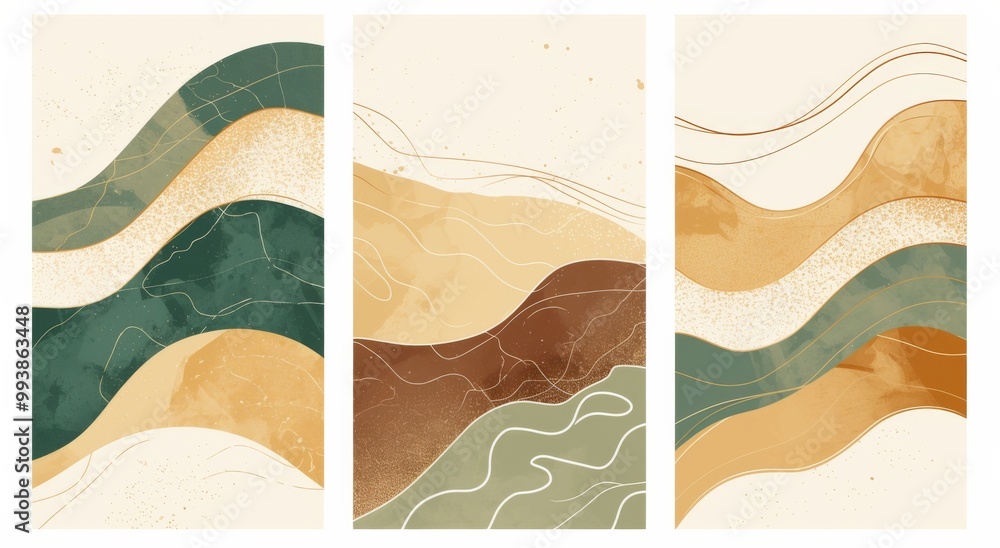 Poster set of three abstract line art illustrations of mountains in varying sizes, featuring elegant golden