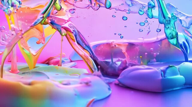 dripping blue and pink paint with textured splashes, capturing the movement and fluidity of color mixing.