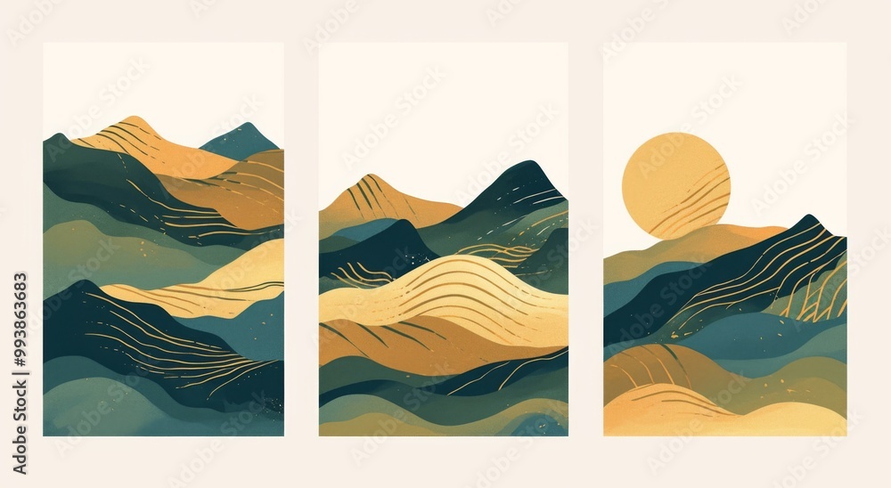 Poster set of three abstract line art illustrations of mountains in varying sizes, featuring elegant golden