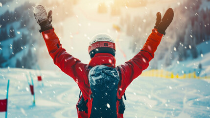 Cheerful skier with raised arms celebrating victory on a snowy mountain slope. Concept of winter sports, alpine adventure, ski resort, and outdoor activities