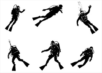 Set of diver posing and under water