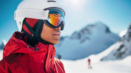 Close up of African American Female Skier in Bright Red Jacket and White Helmet in Snowy Mountain Landscape. Concept of Winter Sports, Skiing Adventure, and Outdoor Enthusiasm. Copy space