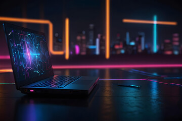 Futuristic Laptop with Neon Lights. Tech Wallpaper. Illumination, Tech Aesthetics.