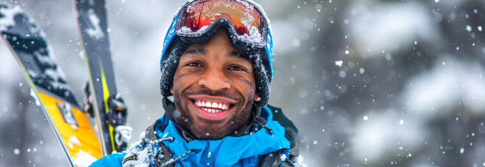 Smiling African American Man Enjoying Skiing in the Snow. Concept of Winter Sports, Outdoor Adventure, Seasonal Fun. Copy space. Banner