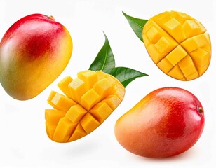 set with fresh ripe mango with leaves falling in the air isolated on white background