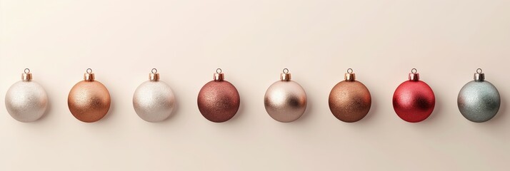 Christmas baubles in row on beige background, top view. Colorful holiday decorations banner