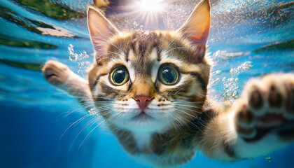 A funny smiled little kitten dives with a splash of water underwater in swimming goggles taking a selfie underwater.