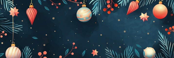 Christmas themed background banner with ornaments, foliage and berries on dark backdrop