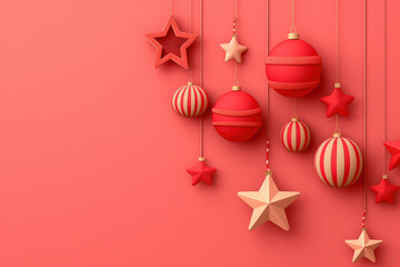 Hanging Christmas ornaments against red background. Red and white stars and balls