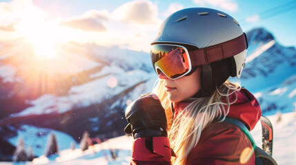 Young woman skier adjusting helmet while enjoying a sunny day in a beautiful snowy mountain landscape. Concept of winter sports, outdoor adventure, active lifestyle. Copy space