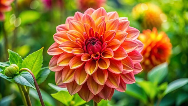 Beautiful vibrant dalia flower in full bloom with lush green leaves in a sunny garden setting