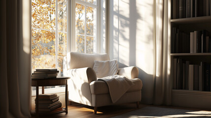 Fototapeta premium Cozy reading nook with a single armchair by a large window, natural light streaming in, and a small stack of books on the side table. Neutral tones and soft lighting