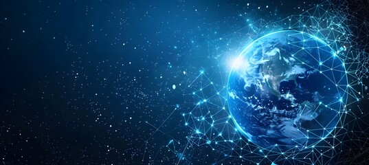 Obraz premium Abstract blue background with glowing network connections and a digital globe, symbolizing global connectivity and technology, an AI or internet concept banner.