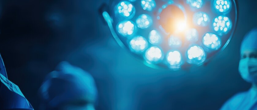 Focused view of a modern surgical operating room with bright lights and medical professionals preparing for a procedure.