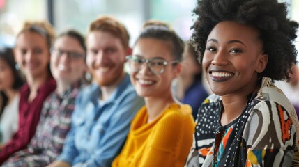 Obraz premium Diverse group of people smiling and looking at camera. Concept of team, community, unity, diversity, and inclusion.