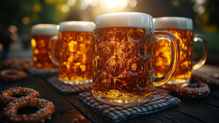 Group of friends toasting with beer mugs in outdoor beer garden
