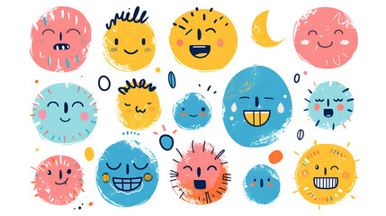 Round abstract comic Faces with various Emotions
