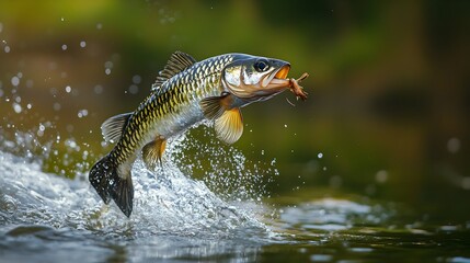 Fototapeta premium Energetic Fish Jumping from Water with Splash in Natural Setting