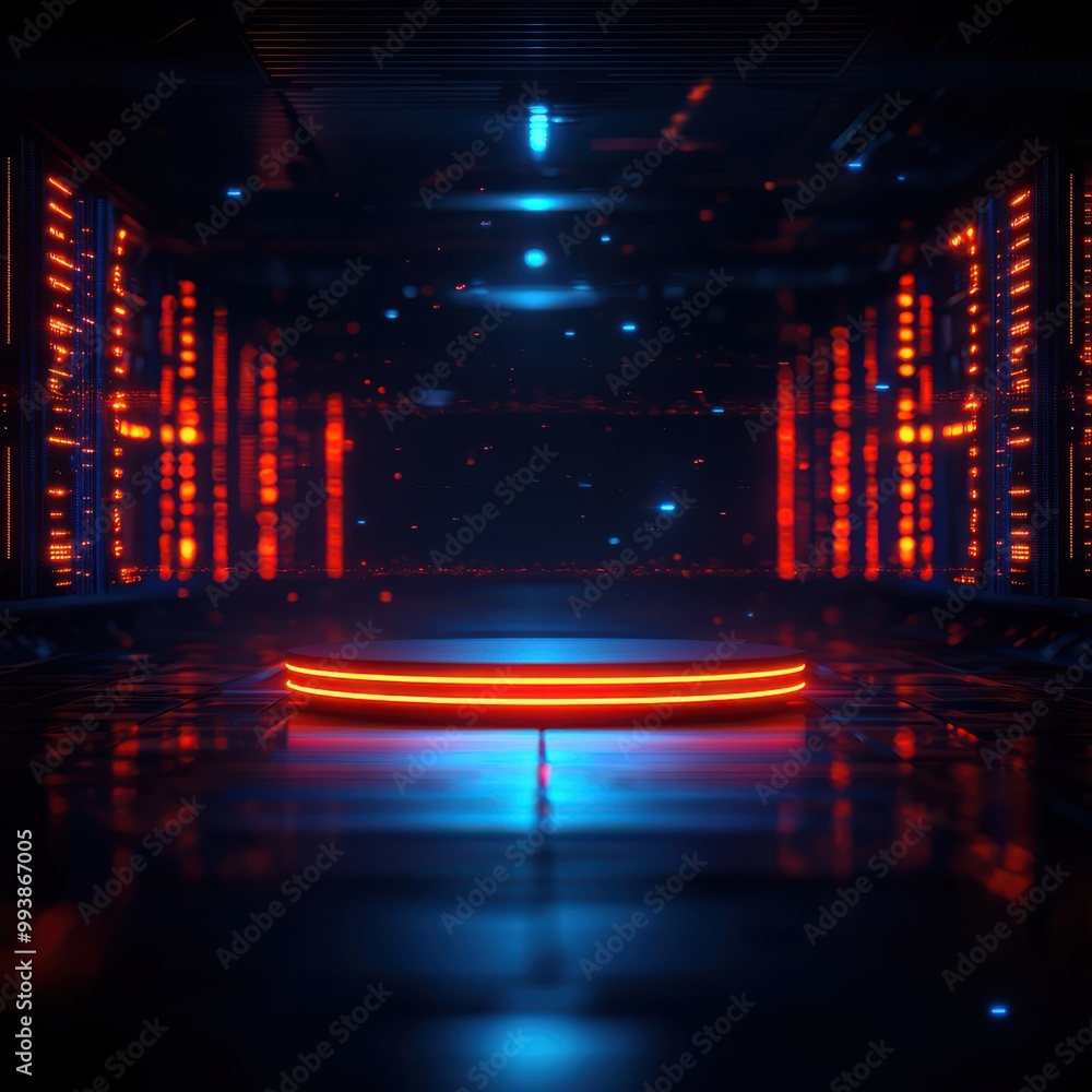 Poster futuristic data center featuring glowing red and blue lights, creating a high-tech atmosphere for te