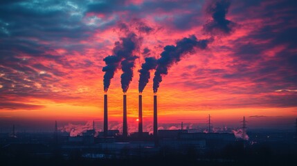 Obraz premium Industrial Sunset: Smoke Plumes Against a Crimson Sky