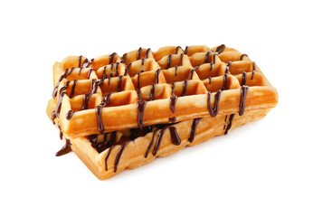 Obraz premium Delicious Belgian waffles with melted chocolate isolated on white